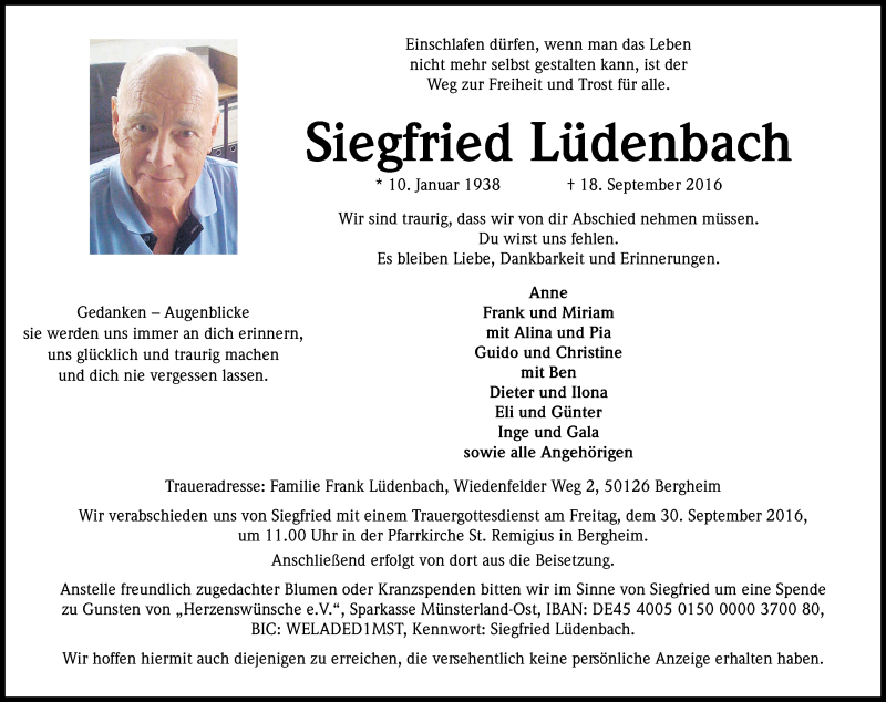  Traueranzeige für Siegfried Lüdenbach vom 24.09.2016 aus Kölner Stadt-Anzeiger / Kölnische Rundschau / Express
