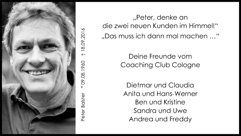  Traueranzeige für Peter Balster vom 01.10.2016 aus Kölner Stadt-Anzeiger / Kölnische Rundschau / Express