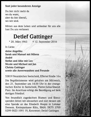 Anzeige von Detlef Gattinger von Kölner Stadt-Anzeiger / Kölnische Rundschau / Express