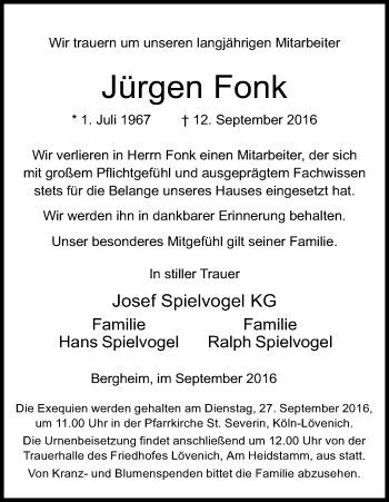 Anzeige von Jürgen Fonk von Kölner Stadt-Anzeiger / Kölnische Rundschau / Express
