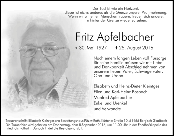 Anzeige von Fritz Apfelbacher von Kölner Stadt-Anzeiger / Kölnische Rundschau / Express