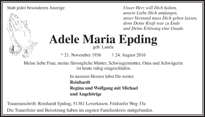  Traueranzeige für Adele Maria Epding vom 07.09.2016 aus  Lokale Informationen 