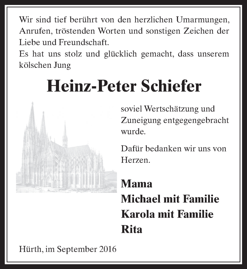  Traueranzeige für Heinz-Peter Schiefer vom 24.09.2016 aus  Sonntags-Post 