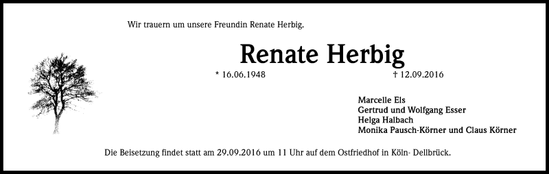  Traueranzeige für Renate Herbig vom 28.09.2016 aus Kölner Stadt-Anzeiger / Kölnische Rundschau / Express