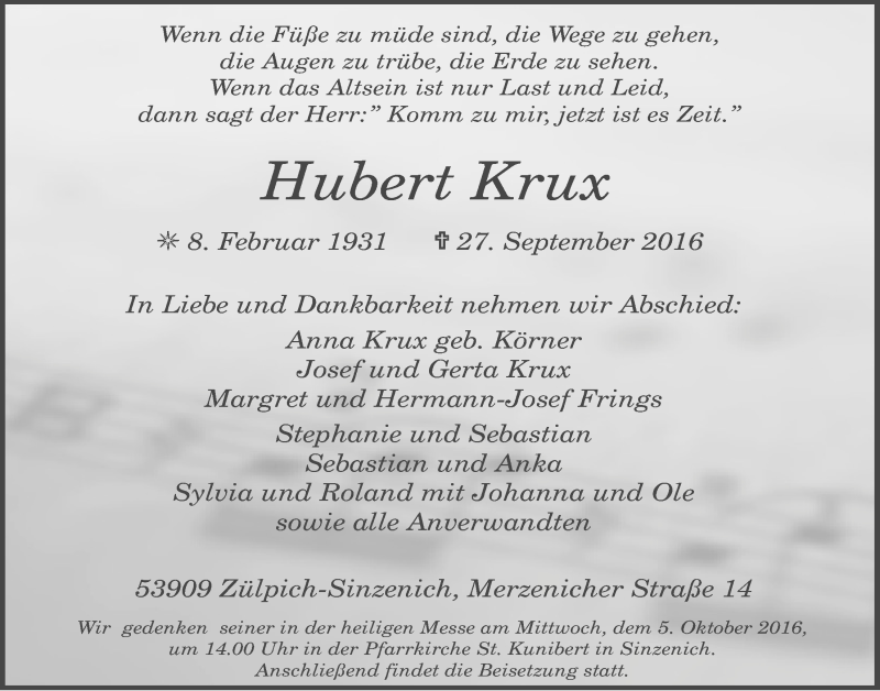  Traueranzeige für Hubert Krux vom 01.10.2016 aus  Blickpunkt Euskirchen 