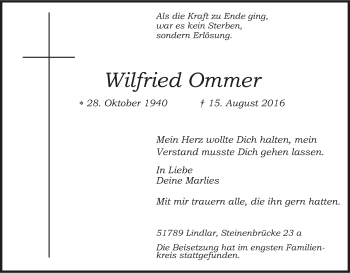 Anzeige von Wilfried Ommer von Kölner Stadt-Anzeiger / Kölnische Rundschau / Express