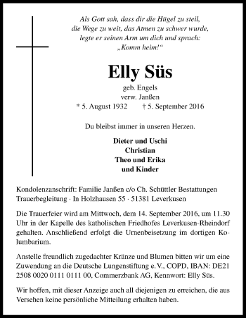 Anzeige von Elly Süs von Kölner Stadt-Anzeiger / Kölnische Rundschau / Express