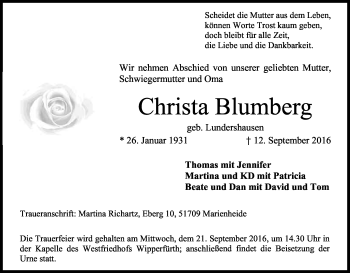 Anzeige von Christa Blumberg von Kölner Stadt-Anzeiger / Kölnische Rundschau / Express