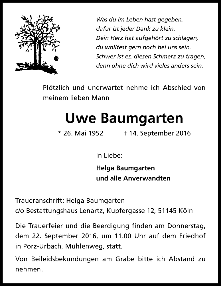  Traueranzeige für Uwe Baumgarten vom 17.09.2016 aus Kölner Stadt-Anzeiger / Kölnische Rundschau / Express