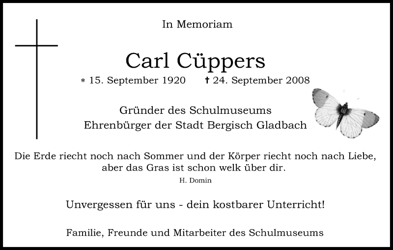  Traueranzeige für Carl Cüppers vom 24.09.2016 aus Kölner Stadt-Anzeiger / Kölnische Rundschau / Express