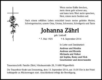 Anzeige von Johanna Zährl von Kölner Stadt-Anzeiger / Kölnische Rundschau / Express