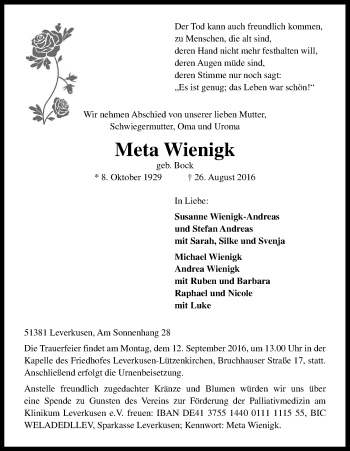 Anzeige von Meta Wienigk von Kölner Stadt-Anzeiger / Kölnische Rundschau / Express