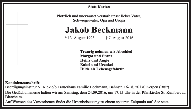  Traueranzeige für Jakob Beckmann vom 17.09.2016 aus  Sonntags-Post 