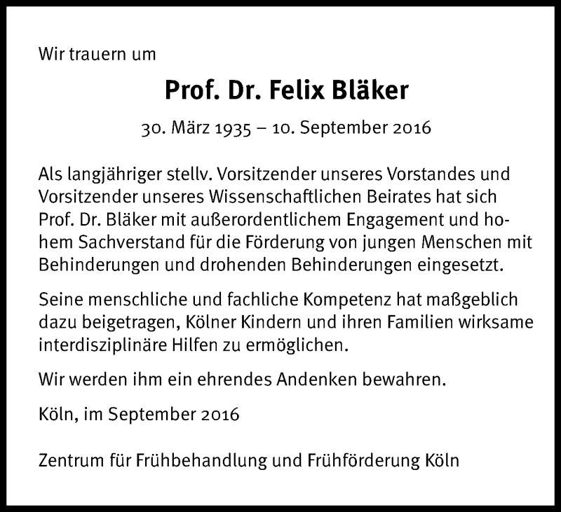  Traueranzeige für Felix Bläker vom 21.09.2016 aus Kölner Stadt-Anzeiger / Kölnische Rundschau / Express