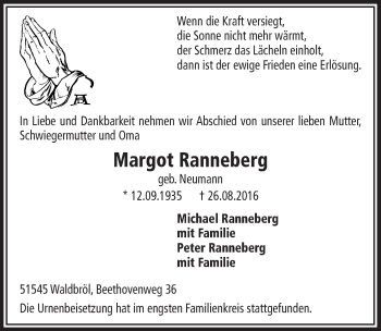 Anzeige von Margot Ranneberg von  Lokalanzeiger 