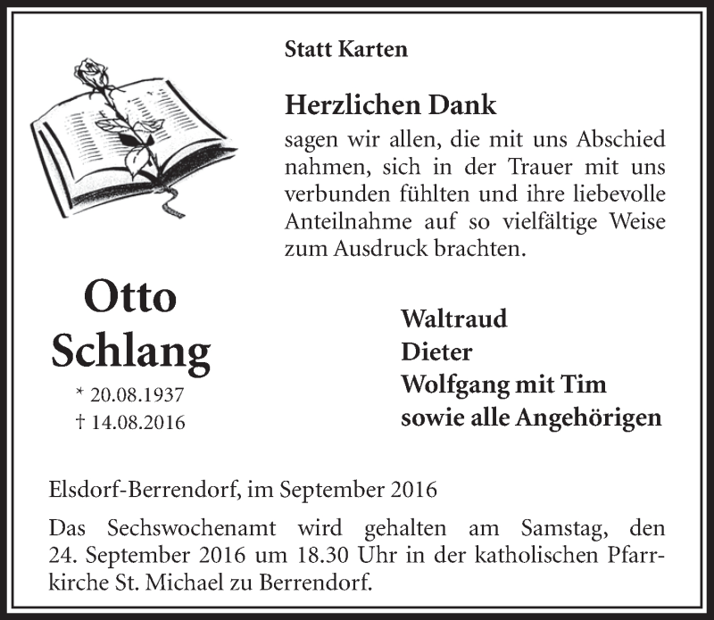  Traueranzeige für Otto Schlang vom 17.09.2016 aus  Sonntags-Post 