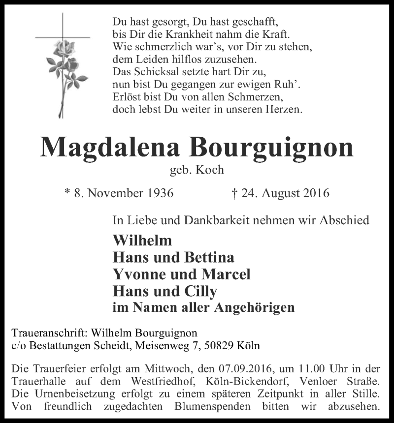  Traueranzeige für Magdalena Bourguignon vom 03.09.2016 aus Kölner Stadt-Anzeiger / Kölnische Rundschau / Express