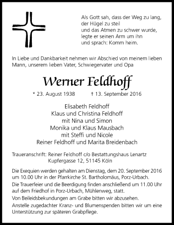 Anzeige von Werner Feldhoff von Kölner Stadt-Anzeiger / Kölnische Rundschau / Express