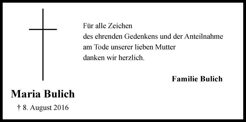  Traueranzeige für Maria Bulich vom 14.09.2016 aus  Kölner Wochenspiegel 