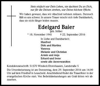 Anzeige von Edelgard Baier von Kölner Stadt-Anzeiger / Kölnische Rundschau / Express