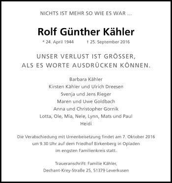 Anzeige von Rolf Günther Kähler von Kölner Stadt-Anzeiger / Kölnische Rundschau / Express