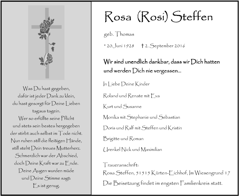  Traueranzeige für Rosa Steffen vom 14.09.2016 aus  Bergisches Handelsblatt 