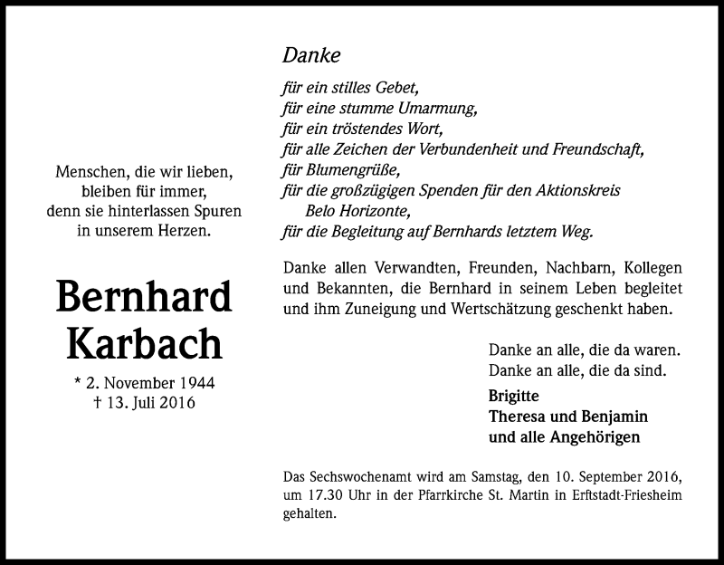  Traueranzeige für Bernhard Karbach vom 03.09.2016 aus Kölner Stadt-Anzeiger / Kölnische Rundschau / Express