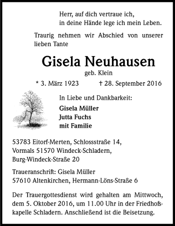 Anzeige von Gisela Neuhausen von Kölner Stadt-Anzeiger / Kölnische Rundschau / Express