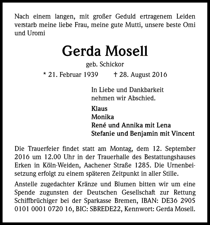  Traueranzeige für Gerda Mosell vom 10.09.2016 aus Kölner Stadt-Anzeiger / Kölnische Rundschau / Express