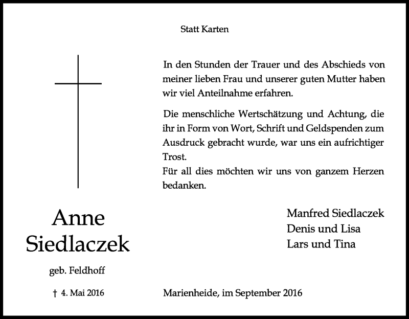  Traueranzeige für Anne Siedlaczek vom 02.09.2016 aus Kölner Stadt-Anzeiger / Kölnische Rundschau / Express