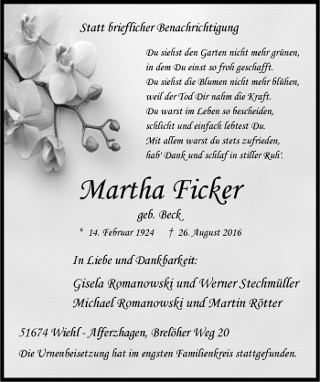 Anzeige von Martha Ficker von  Anzeigen Echo 
