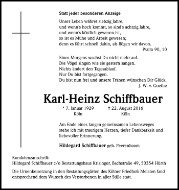 Anzeige von Karl-Heinz Schiffbauer von Kölner Stadt-Anzeiger / Kölnische Rundschau / Express