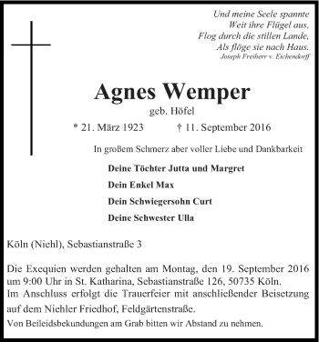 Anzeige von Agnes Wemper von Kölner Stadt-Anzeiger / Kölnische Rundschau / Express
