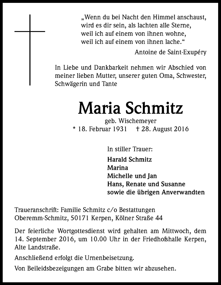  Traueranzeige für Maria Schmitz vom 10.09.2016 aus Kölner Stadt-Anzeiger / Kölnische Rundschau / Express