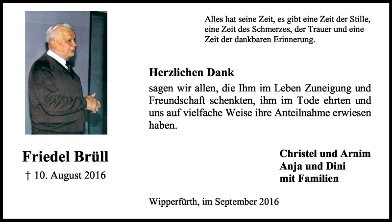  Traueranzeige für Friedel Brüll vom 14.09.2016 aus Kölner Stadt-Anzeiger / Kölnische Rundschau / Express