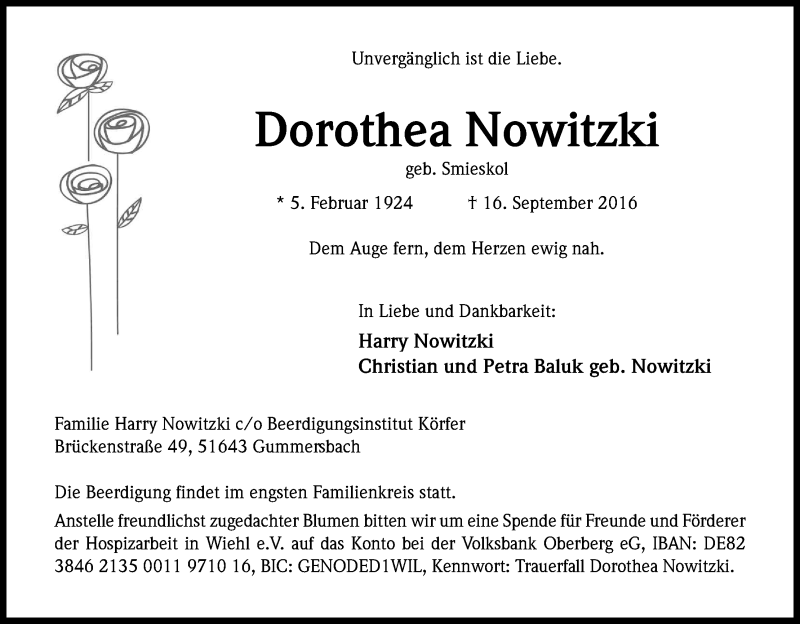  Traueranzeige für Dorothea Nowitzki vom 21.09.2016 aus Kölner Stadt-Anzeiger / Kölnische Rundschau / Express