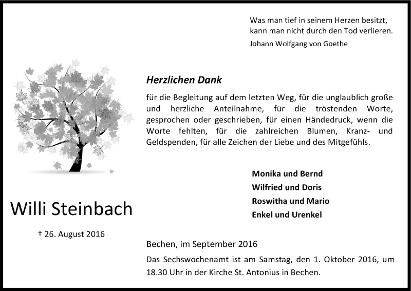  Traueranzeige für Willi Steinbach vom 24.09.2016 aus Kölner Stadt-Anzeiger / Kölnische Rundschau / Express