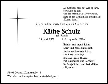 Anzeige von Käthe Schulz von Kölner Stadt-Anzeiger / Kölnische Rundschau / Express