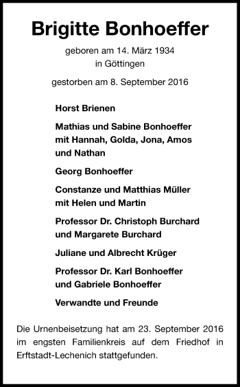 Anzeige von Brigitte Bonhoeffer von Kölner Stadt-Anzeiger / Kölnische Rundschau / Express