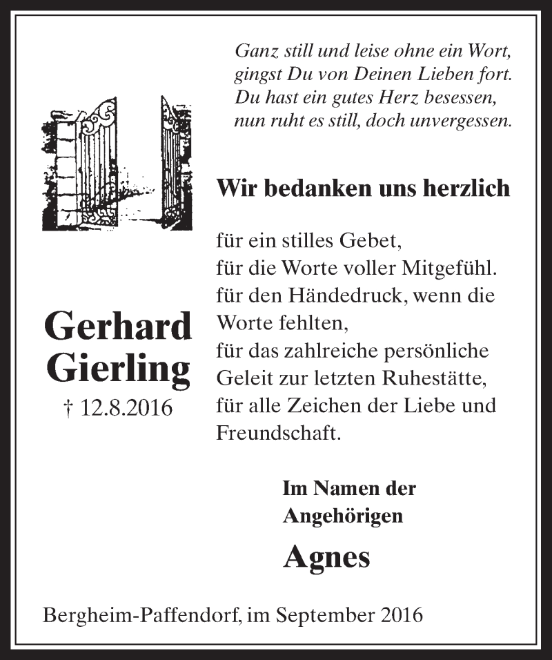  Traueranzeige für Gerhard Gierling vom 14.09.2016 aus  Werbepost 