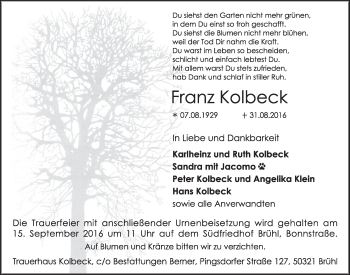 Anzeige von Franz Kohlbeck von  Schlossbote/Werbekurier 