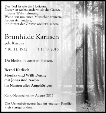Anzeige von Brunhilde Karlisch von Kölner Stadt-Anzeiger / Kölnische Rundschau / Express