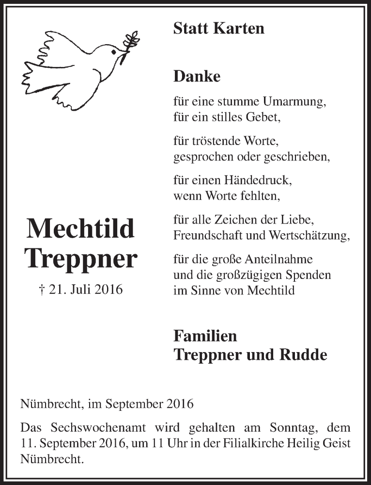  Traueranzeige für Mechtild Treppner vom 07.09.2016 aus  Lokalanzeiger 