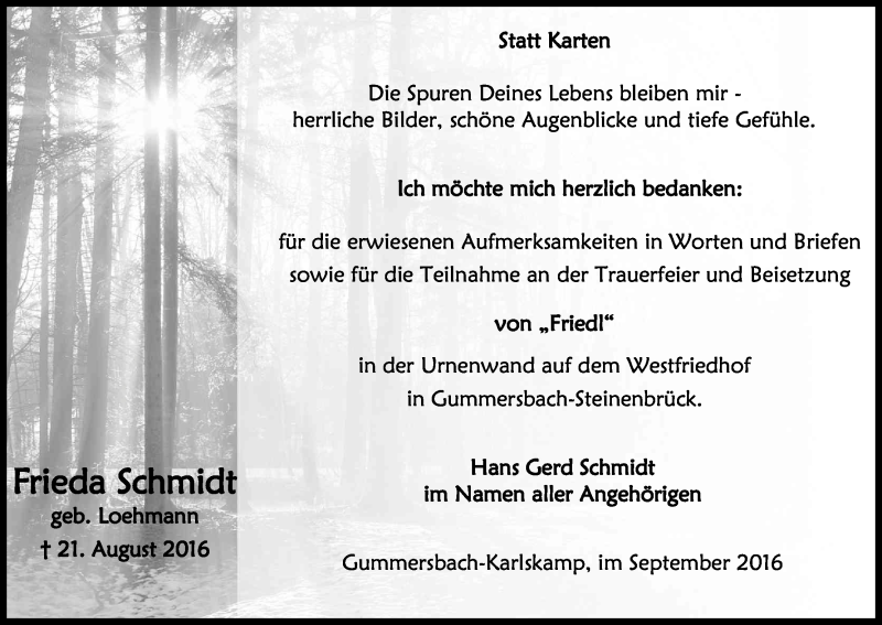  Traueranzeige für Frieda Schmidt vom 24.09.2016 aus Kölner Stadt-Anzeiger / Kölnische Rundschau / Express