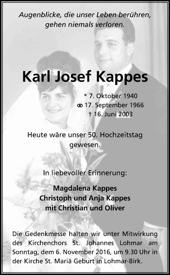 Anzeige von Karl Josef Kappes von Kölner Stadt-Anzeiger / Kölnische Rundschau / Express