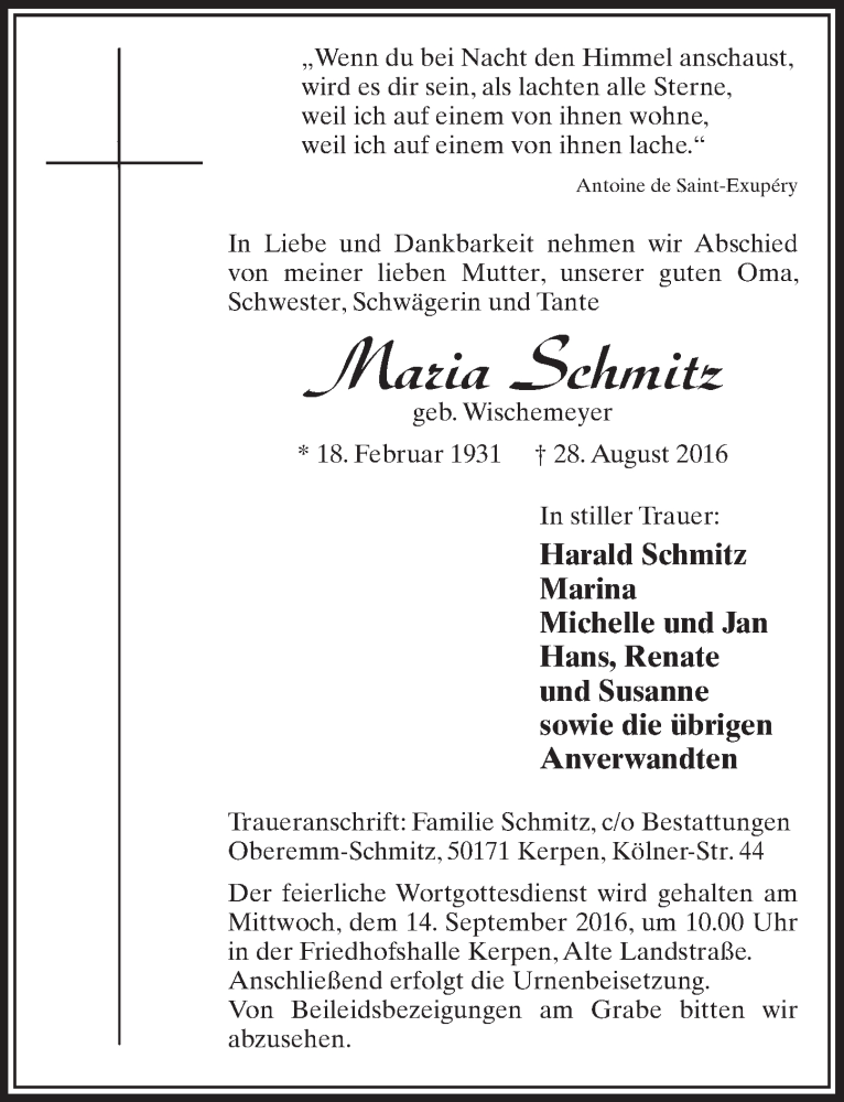  Traueranzeige für Maria Schmitz vom 10.09.2016 aus  Sonntags-Post 