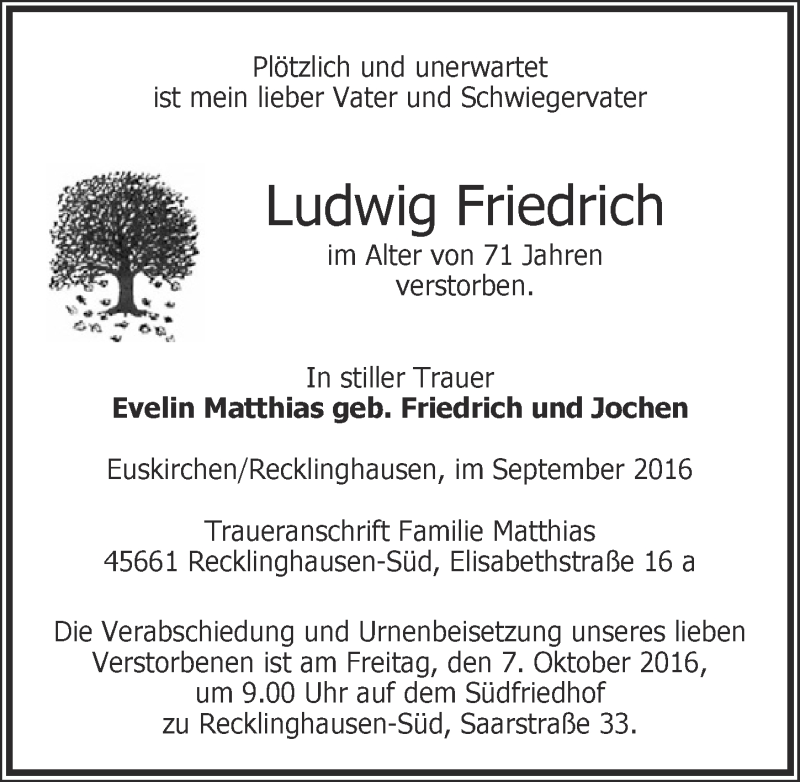  Traueranzeige für Ludwig Friedrich vom 01.10.2016 aus  Blickpunkt Euskirchen 