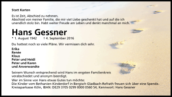 Anzeige von Hans Gessner von Kölner Stadt-Anzeiger / Kölnische Rundschau / Express