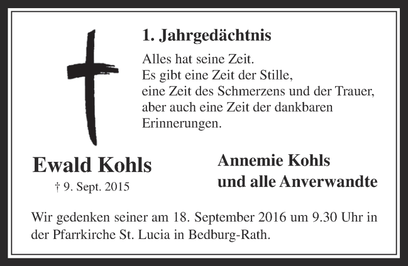  Traueranzeige für Ewald Kohls vom 07.09.2016 aus  Werbepost 
