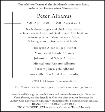 Anzeige von Peter Albanus von Kölner Stadt-Anzeiger / Kölnische Rundschau / Express